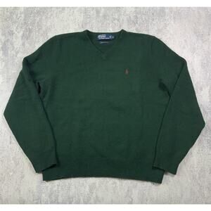 Polo Ralph Lauren Mens Large Green V-Neck 100% Lambs Wool Casual Knit